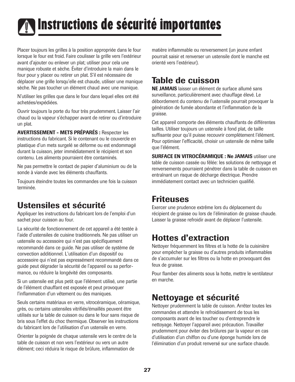 Instructions de sécurité importantes, Ustensiles et sécurité, Table de cuisson | Friteuses, Hottes d’extraction, Nettoyage et sécurité | Amana 8113P598-60 User Manual | Page 28 / 76