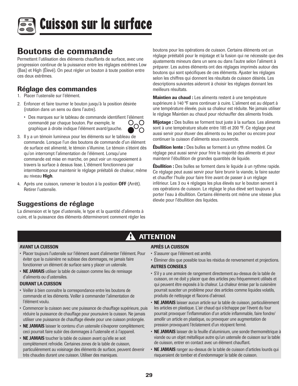 Cuisson sur la surface, Boutons de commande, Réglage des commandes | Suggestions de réglage, Attention | Amana 8113P598-60 User Manual | Page 30 / 76