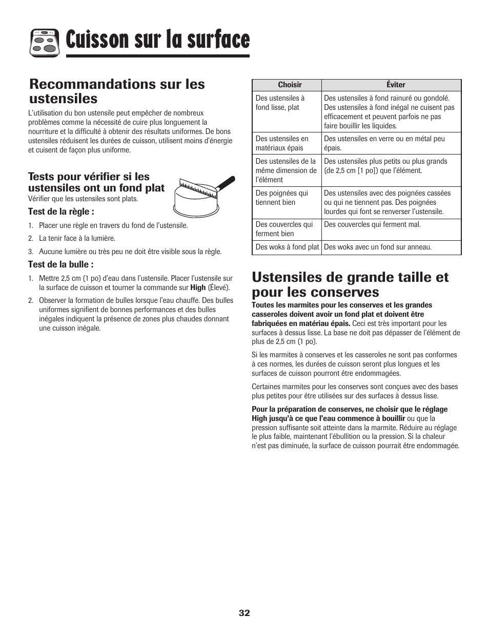 Cuisson sur la surface, Recommandations sur les ustensiles, Ustensiles de grande taille et pour les conserves | Amana 8113P598-60 User Manual | Page 33 / 76