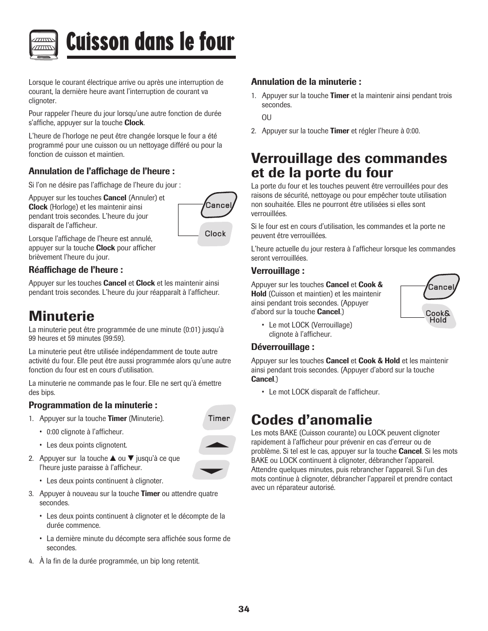Cuisson dans le four, Minuterie, Verrouillage des commandes et de la porte du four | Codes d’anomalie | Amana 8113P598-60 User Manual | Page 35 / 76
