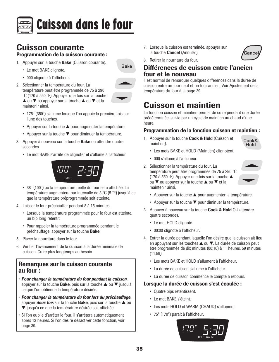Cuisson dans le four, Cuisson courante, Cuisson et maintien | Remarques sur la cuisson courante au four | Amana 8113P598-60 User Manual | Page 36 / 76