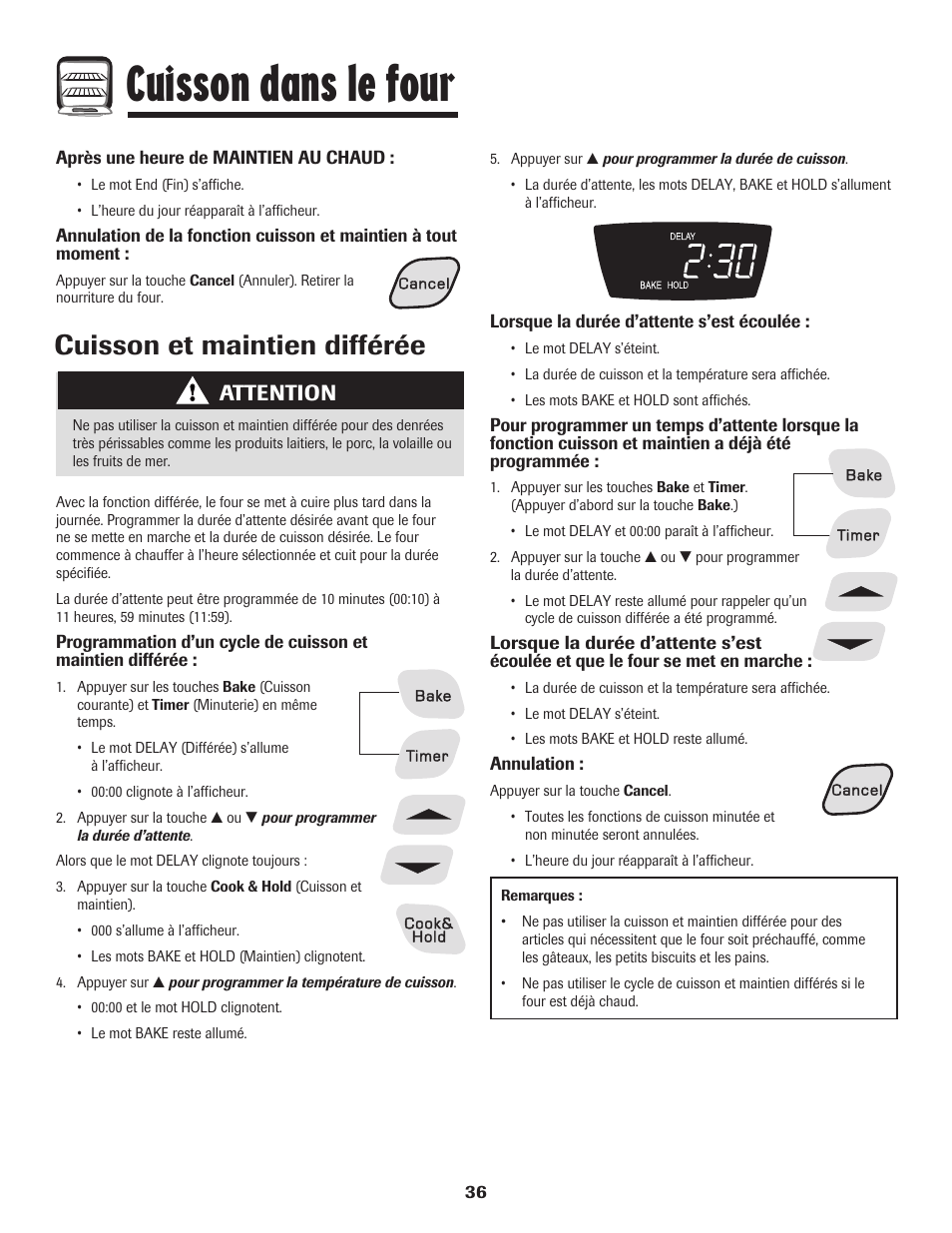 Cuisson dans le four, Cuisson et maintien différée, Attention | Amana 8113P598-60 User Manual | Page 37 / 76