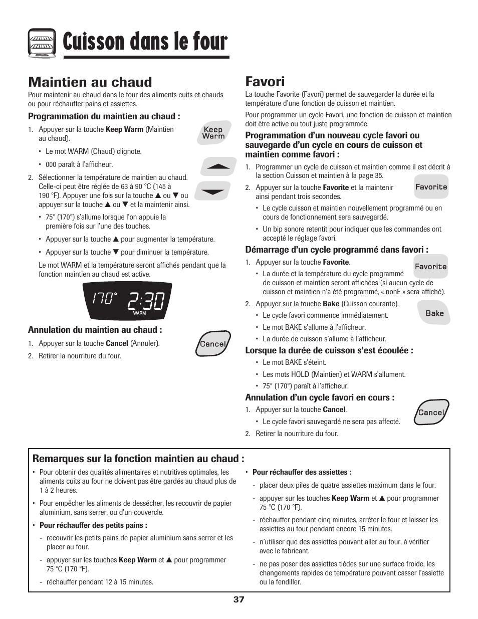 Cuisson dans le four, Maintien au chaud, Favori | Remarques sur la fonction maintien au chaud | Amana 8113P598-60 User Manual | Page 38 / 76