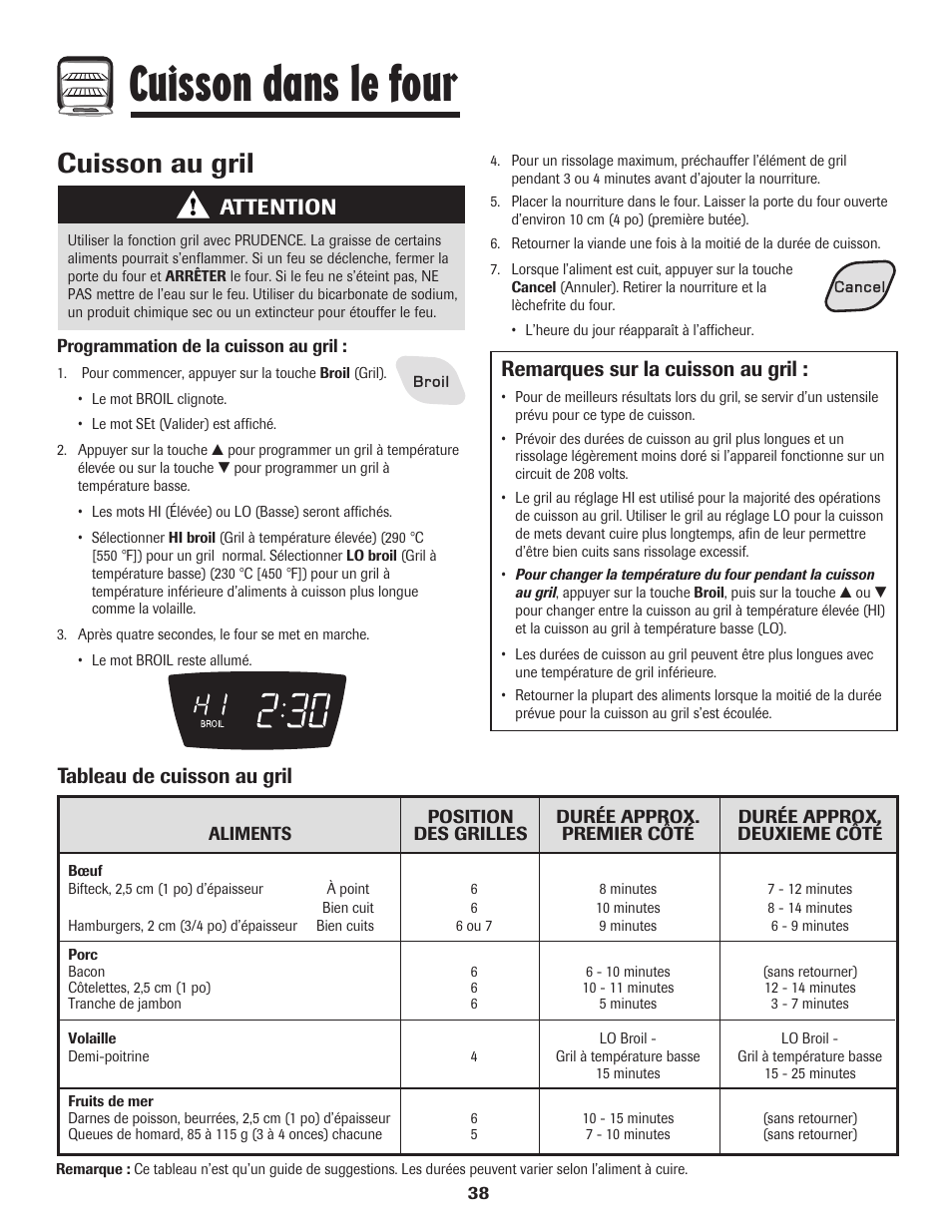 Cuisson dans le four, Cuisson au gril, Remarques sur la cuisson au gril | Tableau de cuisson au gril, Attention | Amana 8113P598-60 User Manual | Page 39 / 76