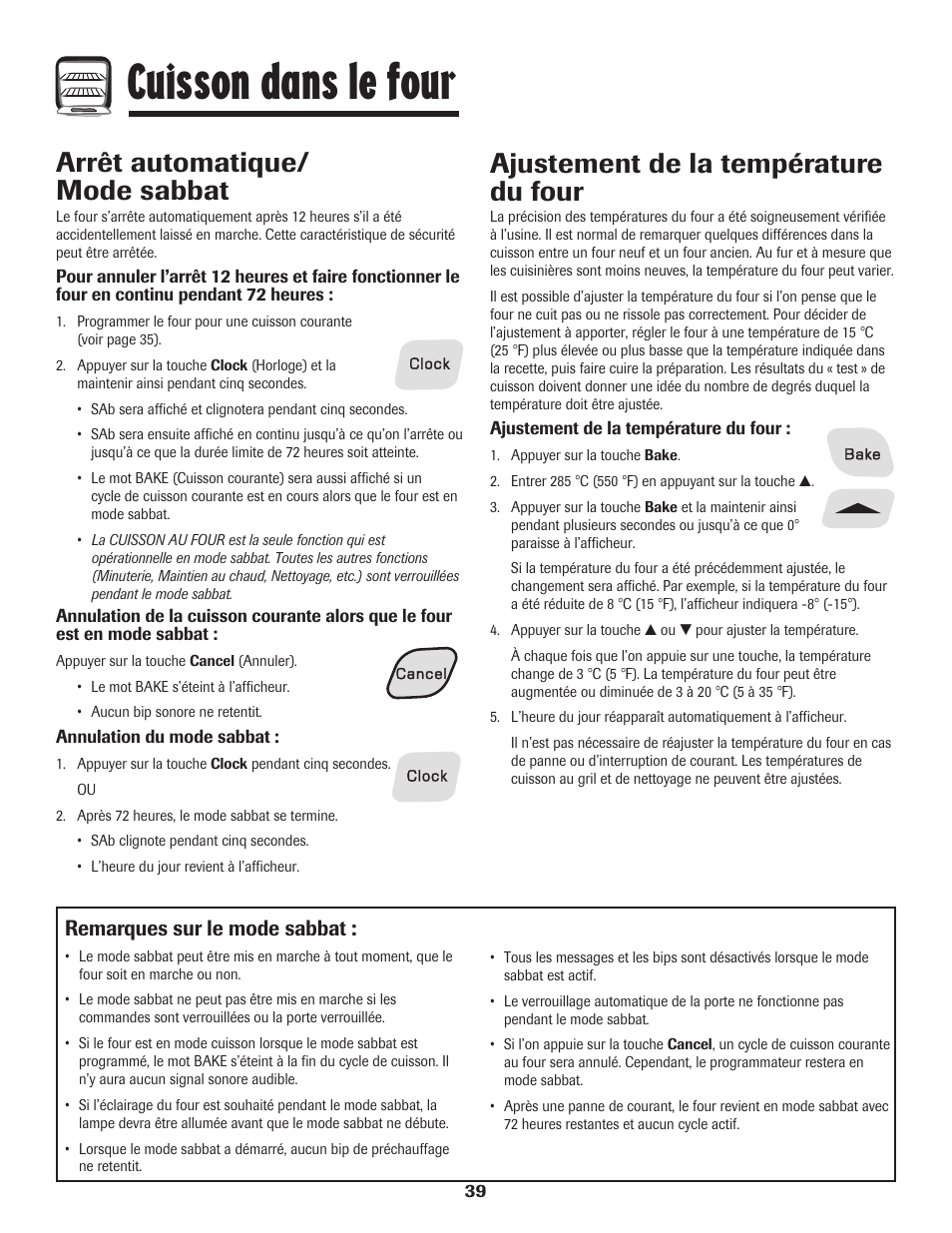 Cuisson dans le four, Arrêt automatique/ mode sabbat, Ajustement de la température du four | Remarques sur le mode sabbat | Amana 8113P598-60 User Manual | Page 40 / 76
