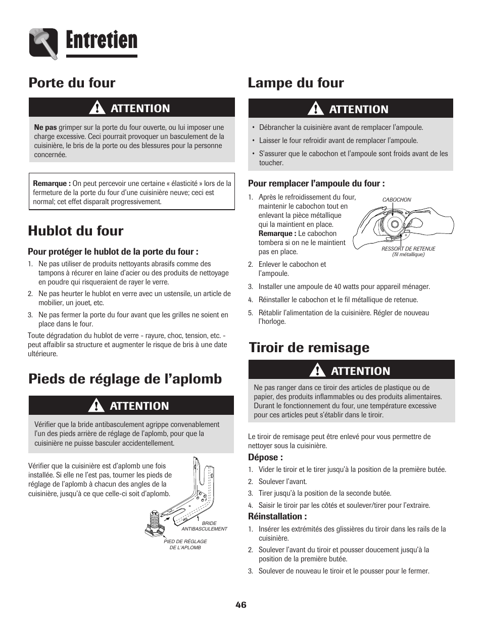 Entretien, Porte du four, Hublot du four | Lampe du four, Pieds de réglage de l’aplomb, Tiroir de remisage, Attention | Amana 8113P598-60 User Manual | Page 47 / 76