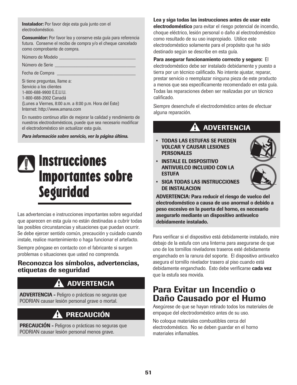 Instrucciones importantes sobre seguridad, Para evitar un incendio o daño causado por el humo | Amana 8113P598-60 User Manual | Page 52 / 76