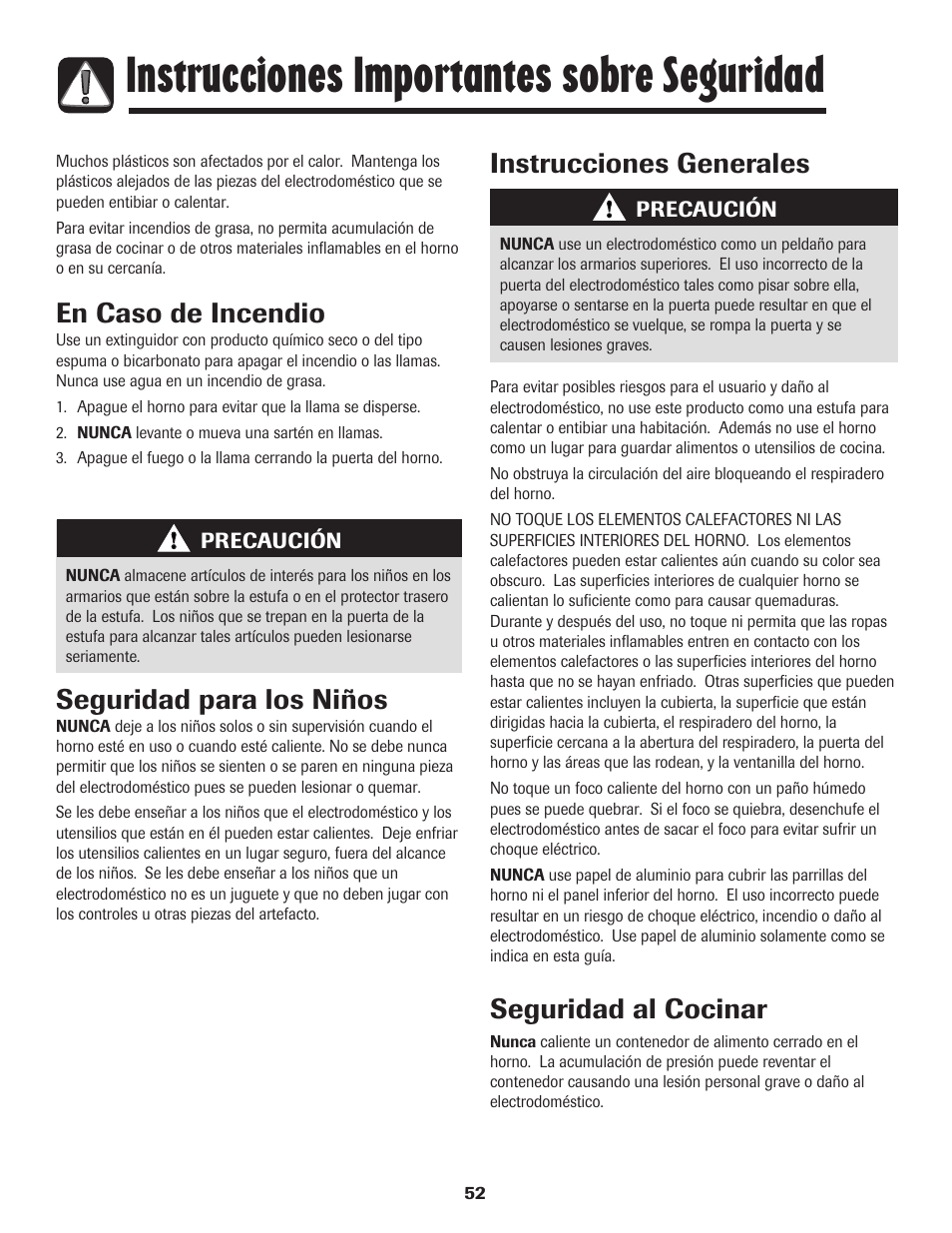 Instrucciones importantes sobre seguridad, En caso de incendio, Instrucciones generales | Seguridad al cocinar, Seguridad para los niños | Amana 8113P598-60 User Manual | Page 53 / 76