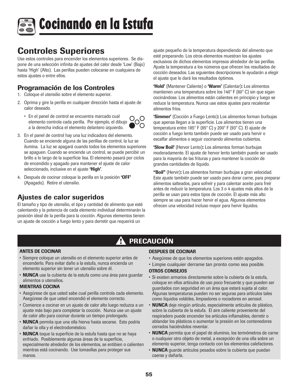 Cocinando en la estufa, Controles superiores, Programación de los controles | Ajustes de calor sugeridos, Precaución | Amana 8113P598-60 User Manual | Page 56 / 76