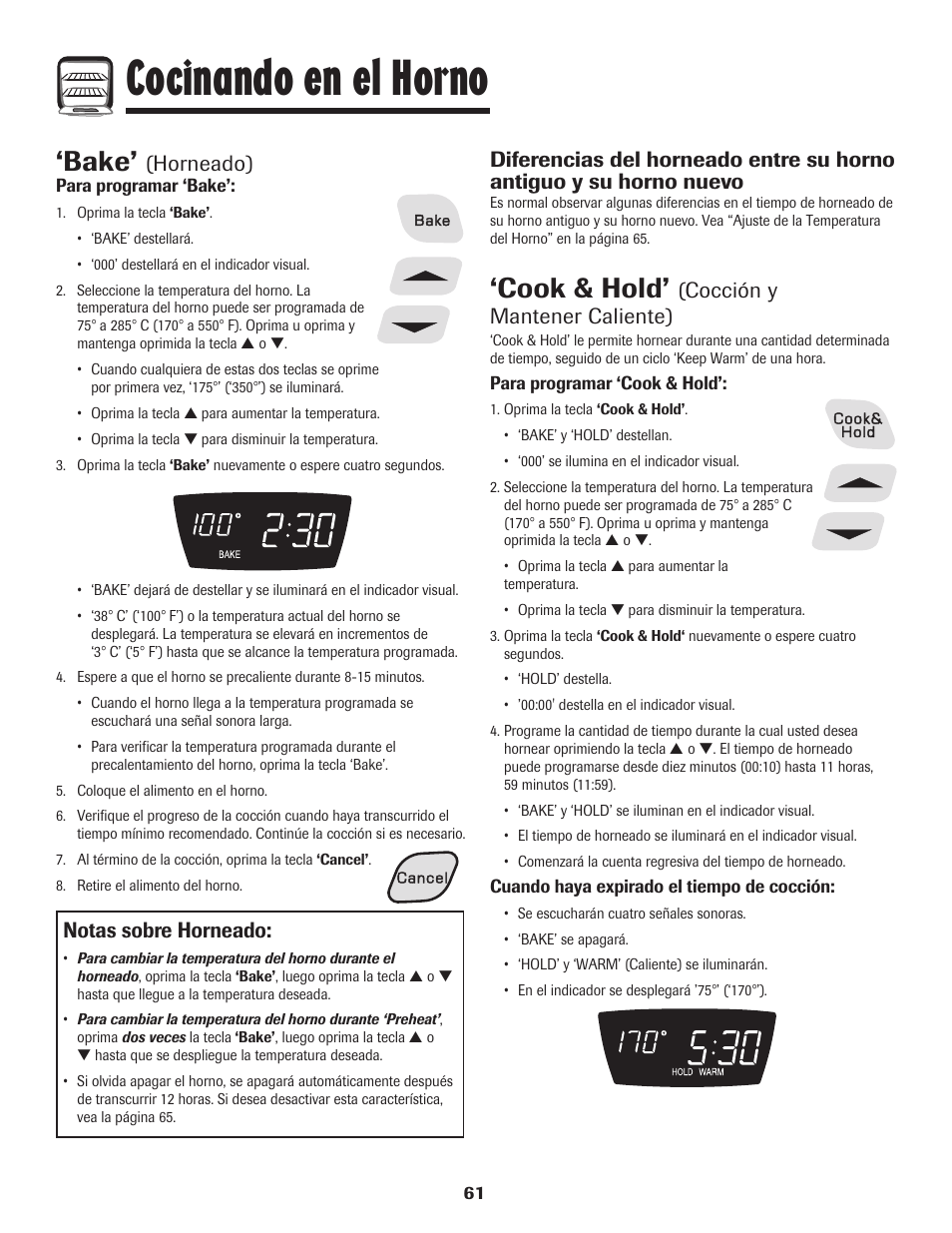 Cocinando en el horno, Bake, Cook & hold | Notas sobre horneado, Horneado), Cocción y mantener caliente) | Amana 8113P598-60 User Manual | Page 62 / 76