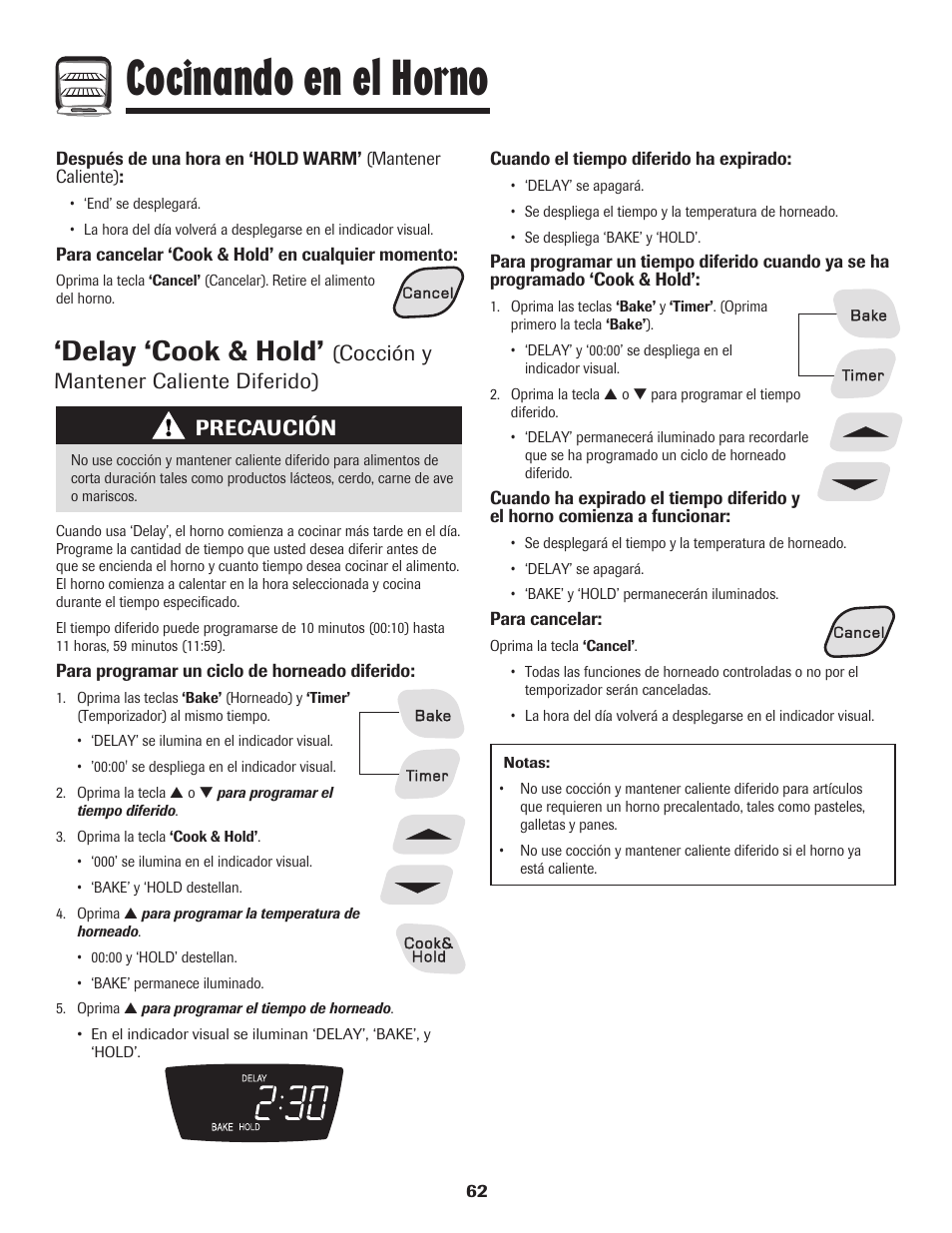 Cocinando en el horno, Delay ‘cook & hold, Cocción y mantener caliente diferido) | Precaución | Amana 8113P598-60 User Manual | Page 63 / 76