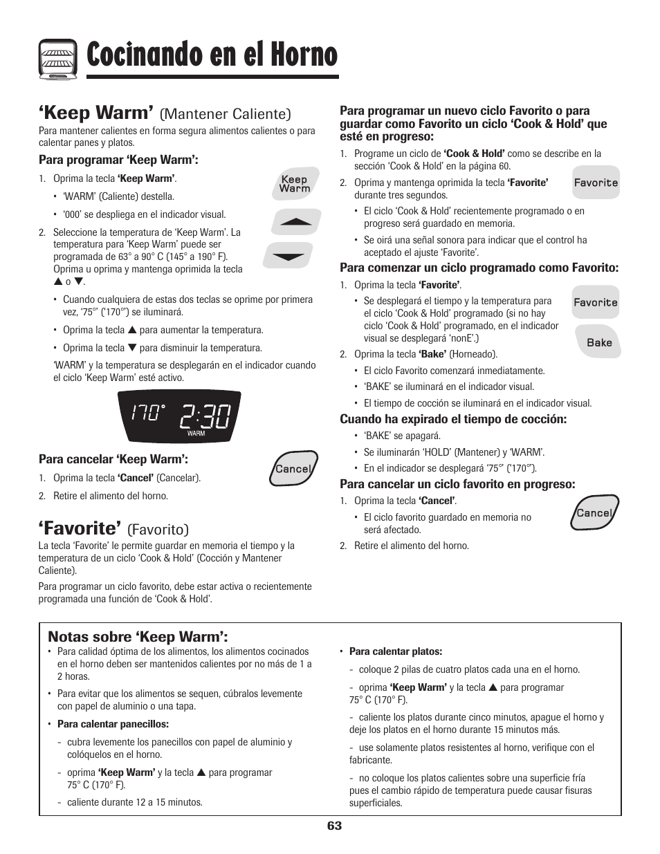Cocinando en el horno, Keep warm, Favorite | Mantener caliente), Notas sobre ‘keep warm, Favorito) | Amana 8113P598-60 User Manual | Page 64 / 76