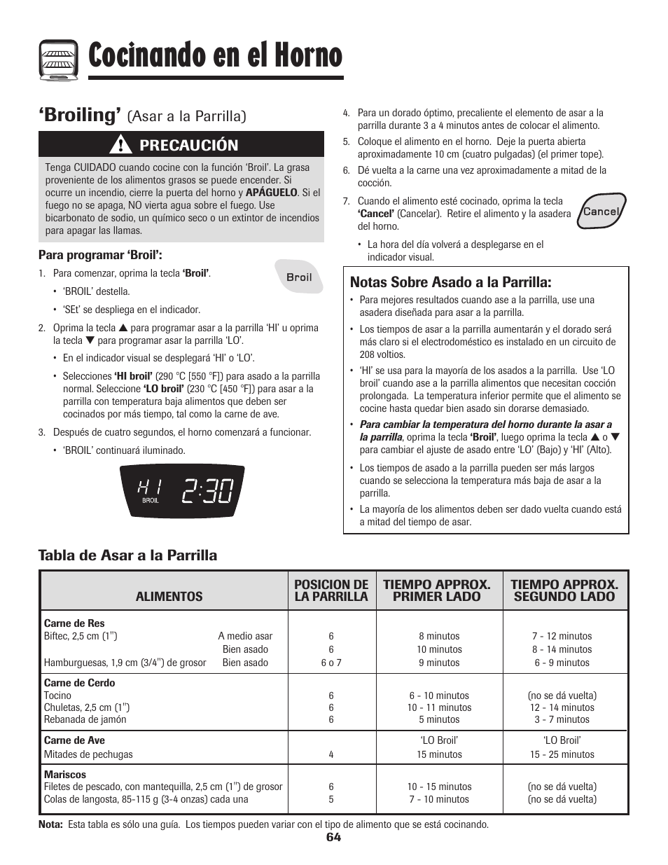 Cocinando en el horno, Broiling, Asar a la parrilla) | Notas sobre asado a la parrilla, Tabla de asar a la parrilla, Precaución | Amana 8113P598-60 User Manual | Page 65 / 76