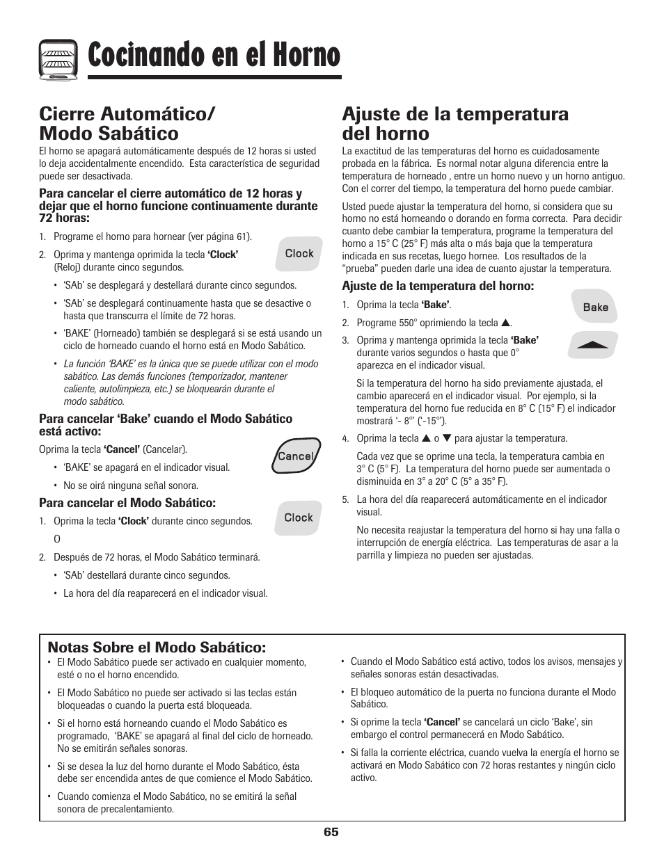 Cocinando en el horno, Cierre automático/ modo sabático, Ajuste de la temperatura del horno | Notas sobre el modo sabático | Amana 8113P598-60 User Manual | Page 66 / 76