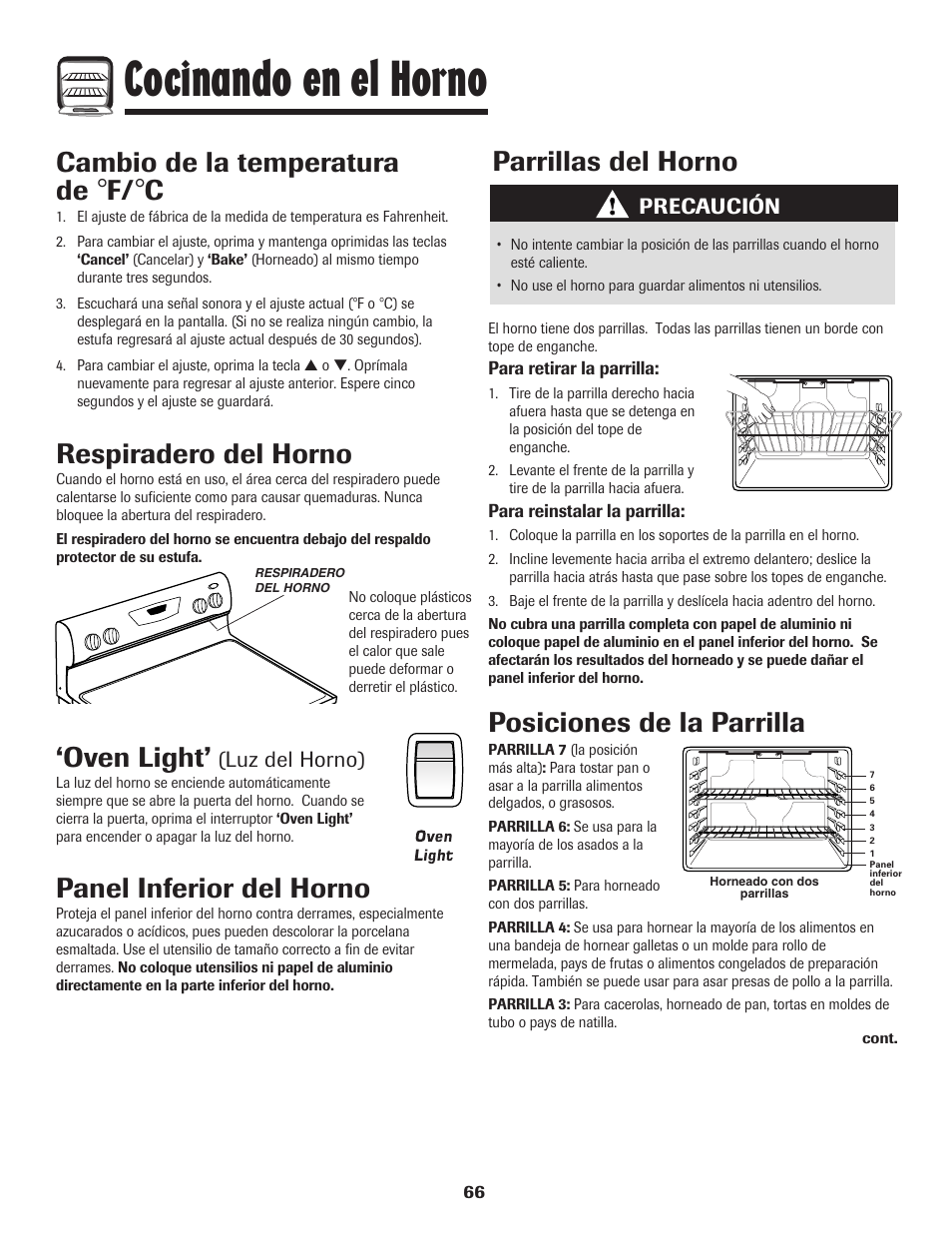 Cocinando en el horno, Parrillas del horno, Posiciones de la parrilla | Oven light, Panel inferior del horno, Respiradero del horno, Cambio de la temperatura de, Luz del horno), Precaución | Amana 8113P598-60 User Manual | Page 67 / 76