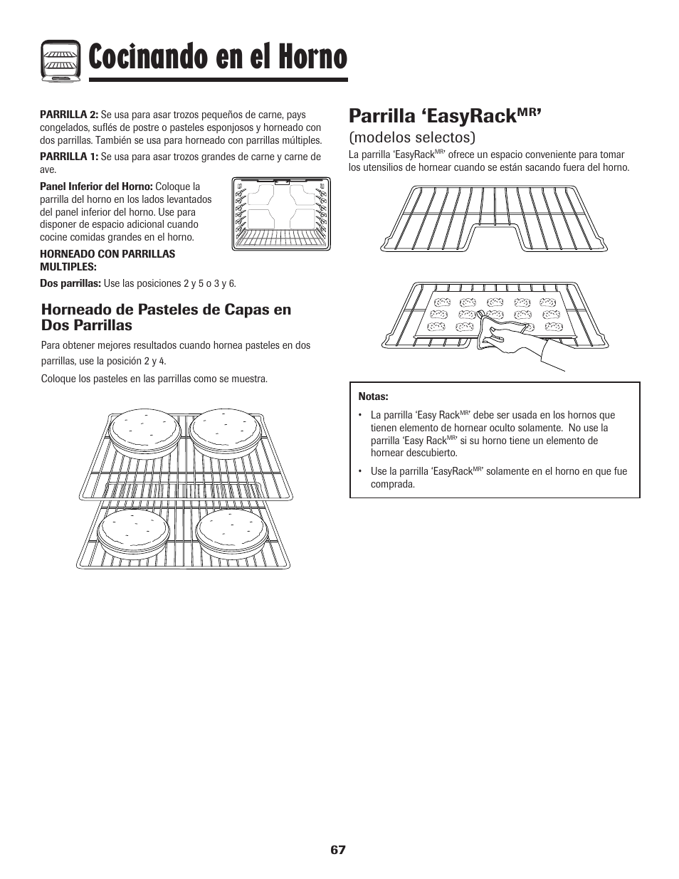 Cocinando en el horno, Parrilla ‘easyrack, Horneado de pasteles de capas en dos parrillas | Modelos selectos) | Amana 8113P598-60 User Manual | Page 68 / 76