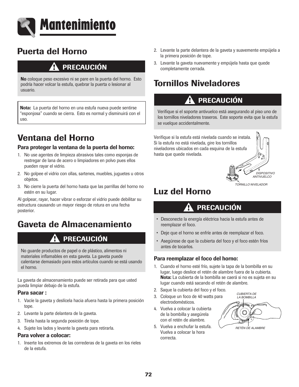 Mantenimiento, Puerta del horno, Ventana del horno | Luz del horno, Tornillos niveladores, Gaveta de almacenamiento, Precaución | Amana 8113P598-60 User Manual | Page 73 / 76