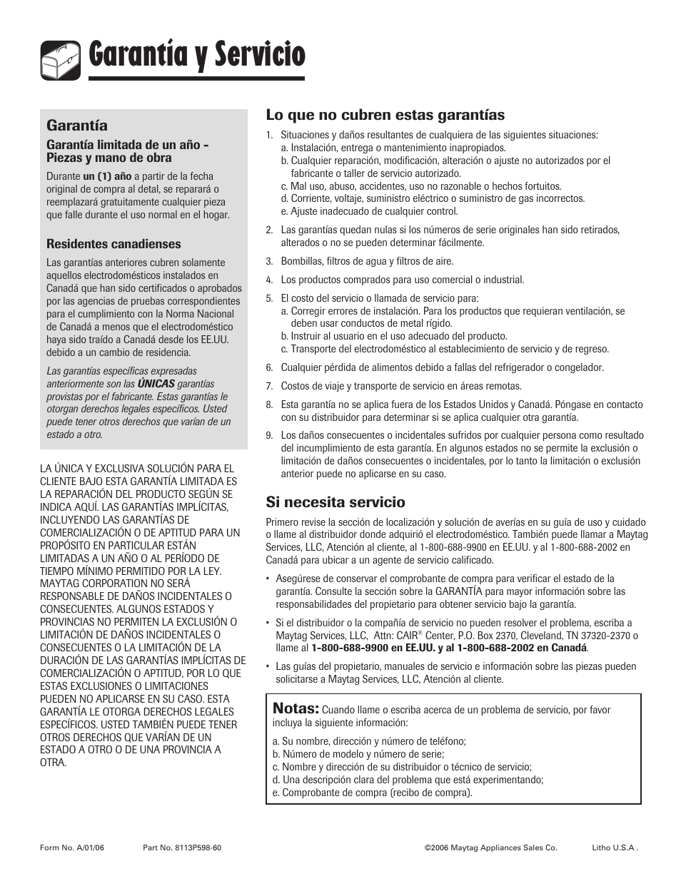 Garantía y servicio, Garantía, Lo que no cubren estas garantías | Si necesita servicio, Notas | Amana 8113P598-60 User Manual | Page 76 / 76