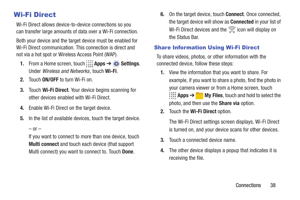 Wi-fi direct | Samsung SM-T337VYKAVZW User Manual | Page 44 / 122