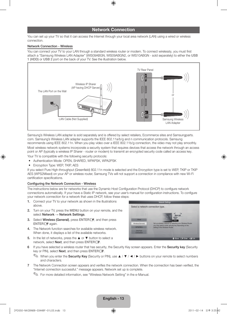 Network connection | Samsung PN64D550C1FXZA User Manual | Page 13 / 61