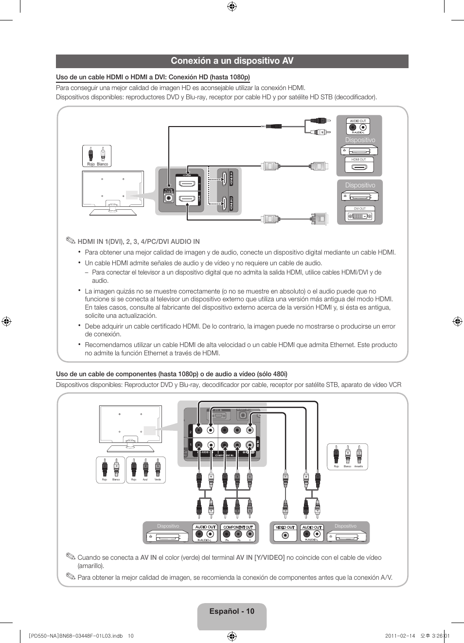 Conexión a un dispositivo av | Samsung PN64D550C1FXZA User Manual | Page 30 / 61