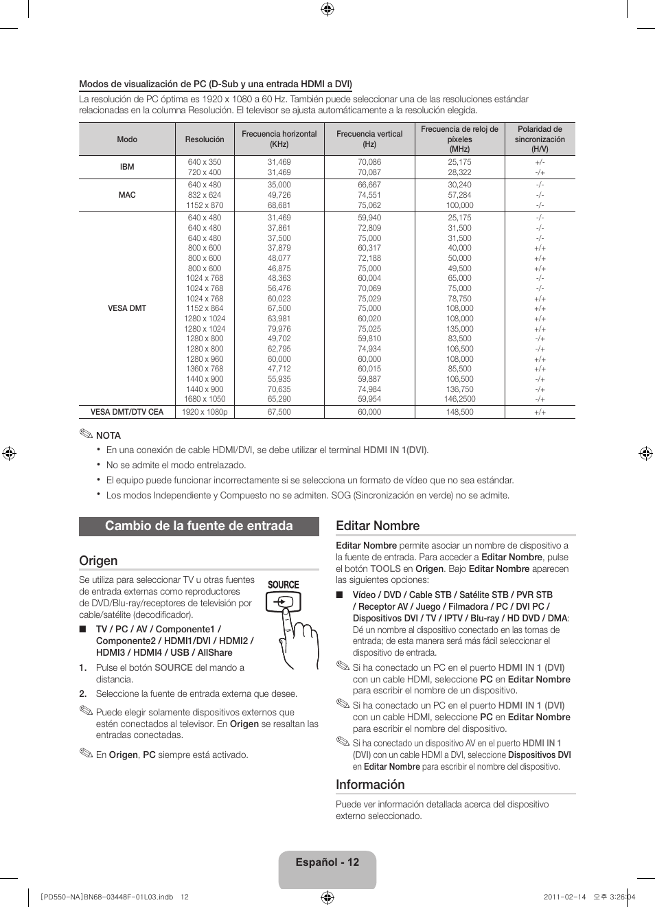 Cambio de la fuente de entrada origen, Editar nombre, Información | Samsung PN64D550C1FXZA User Manual | Page 32 / 61