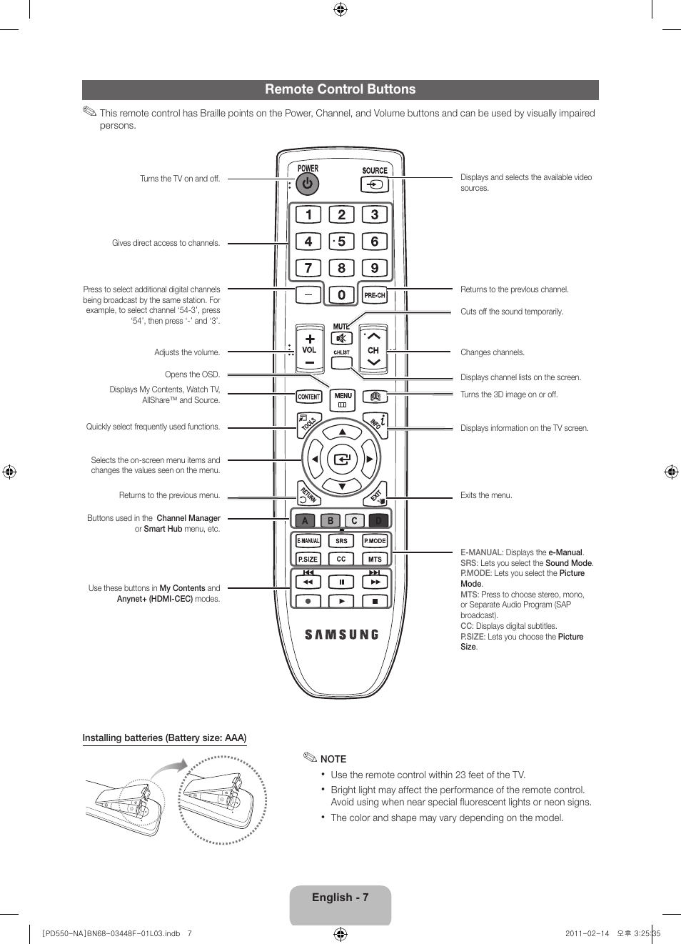 Remote control buttons | Samsung PN64D550C1FXZA User Manual | Page 7 / 61