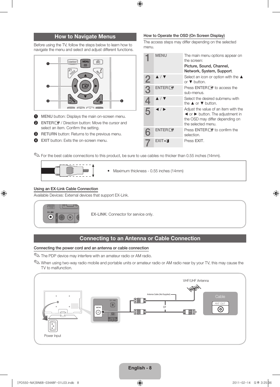 How to navigate menus, Connecting to an antenna or cable connection | Samsung PN64D550C1FXZA User Manual | Page 8 / 61