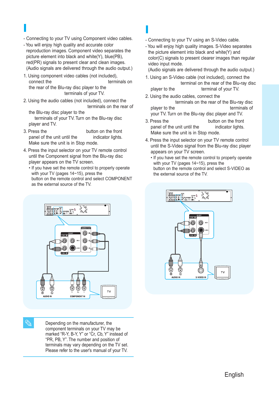 Connecting to a tv (component), Connecting to a tv (s-video), Connecting | English - 19 | Samsung BD-P1200-XAA User Manual | Page 20 / 56