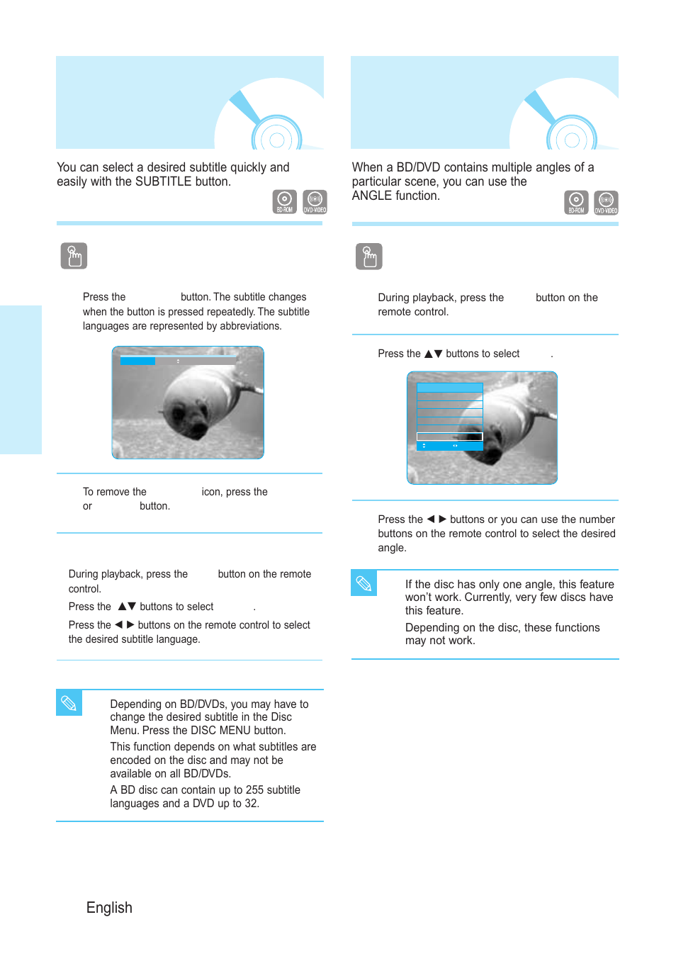 Selecting the subtitlelanguage, Changing the cameraangle, Selecting the subtitle language | Changing the camera angle, Playback, 28 - english, Using the subtitle button, Using the info button, Using the angle function | Samsung BD-P1200-XAA User Manual | Page 29 / 56