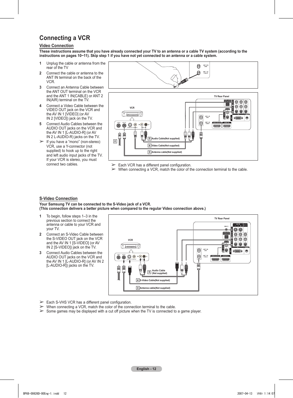 Connecting a vcr | Samsung HLT5055WX-XAA User Manual | Page 12 / 68