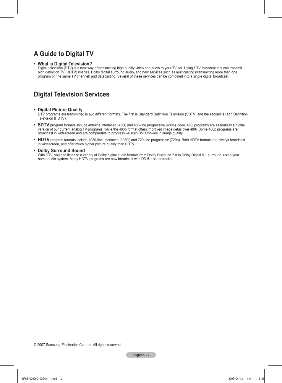 A guide to digital tv, Digital television services | Samsung HLT5055WX-XAA User Manual | Page 2 / 68