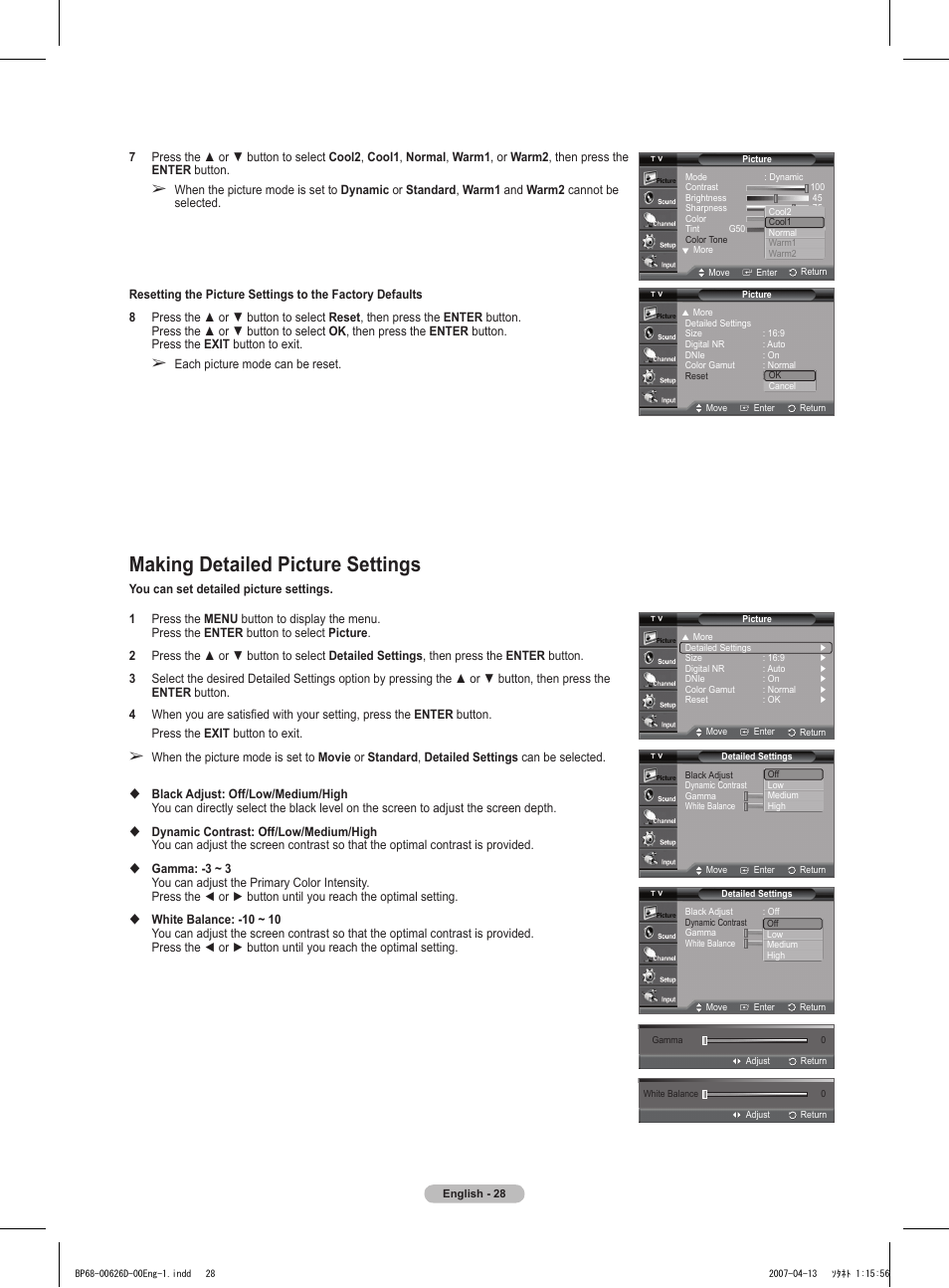 Making detailed picture settings | Samsung HLT5055WX-XAA User Manual | Page 28 / 68