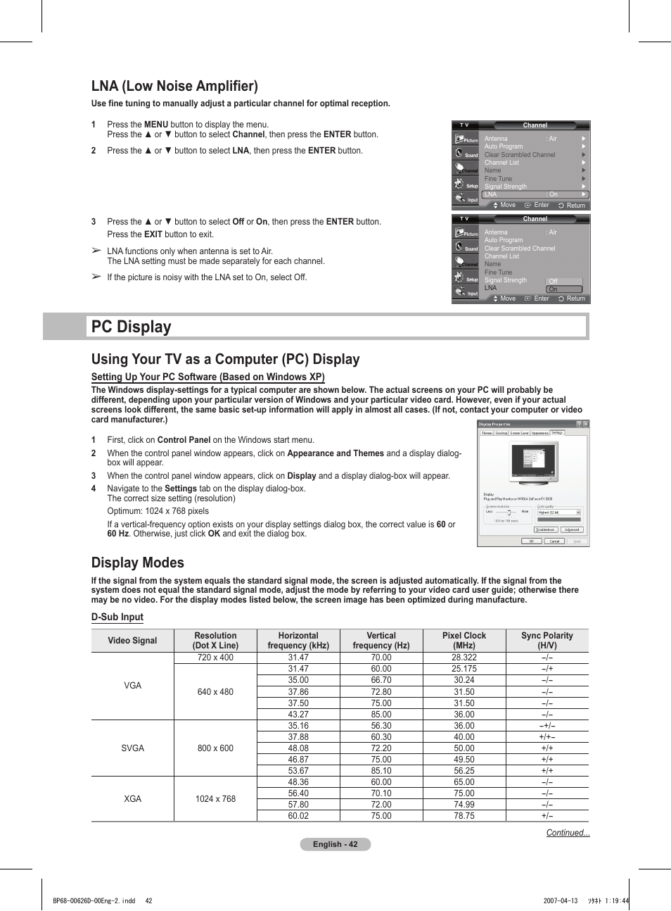 Lna (low noise amplifier), Pc display, Using your tv as a computer (pc) display | Display modes | Samsung HLT5055WX-XAA User Manual | Page 42 / 68