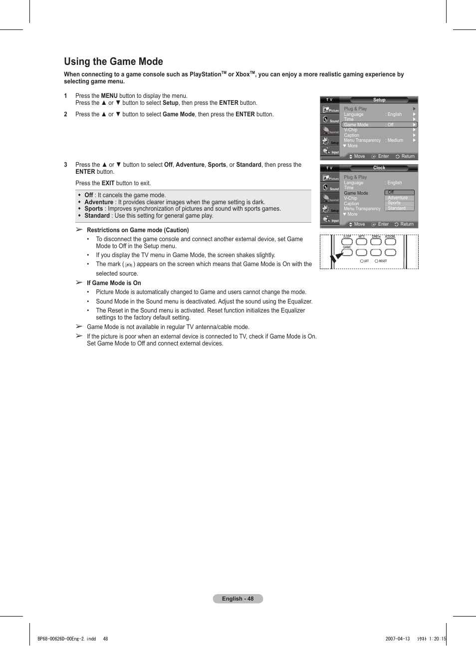 Using the game mode | Samsung HLT5055WX-XAA User Manual | Page 48 / 68