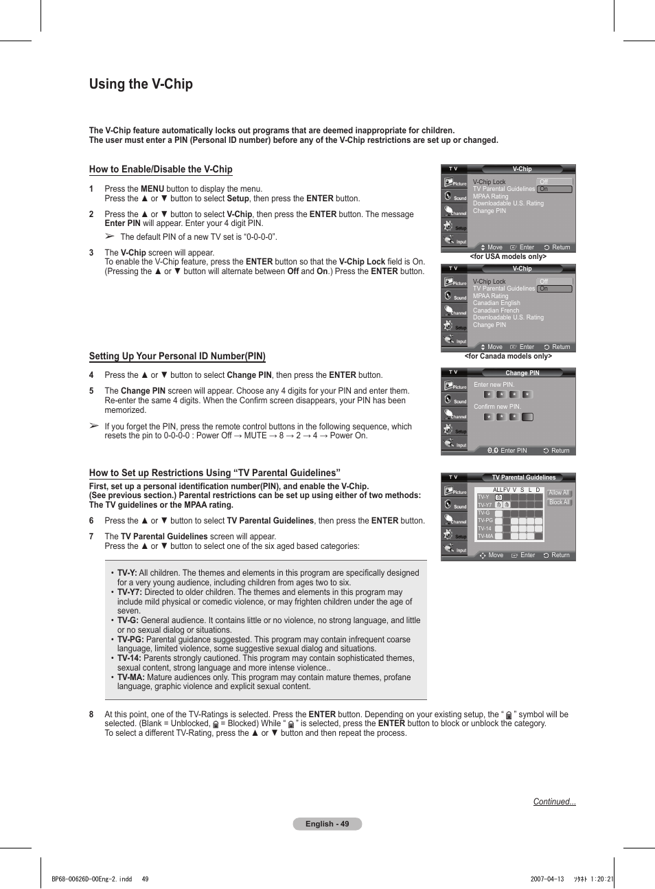 Using the v-chip | Samsung HLT5055WX-XAA User Manual | Page 49 / 68