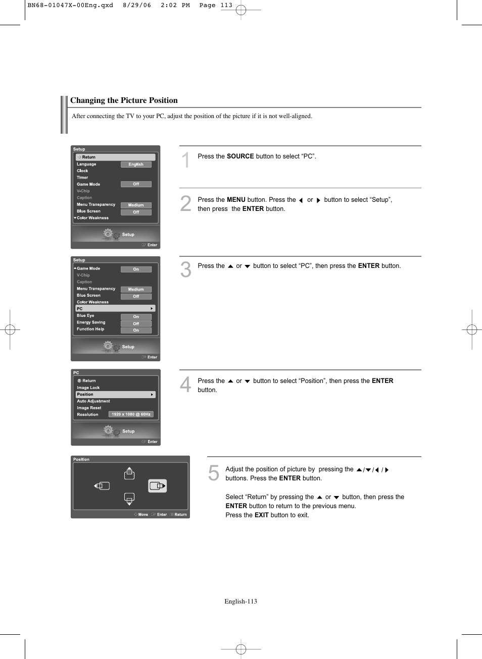Changing the picture position | Samsung LNS5296DX-XAA User Manual | Page 115 / 380