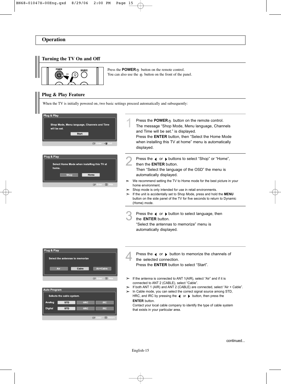 Operation, Plug & play feature | Samsung LNS5296DX-XAA User Manual | Page 17 / 380