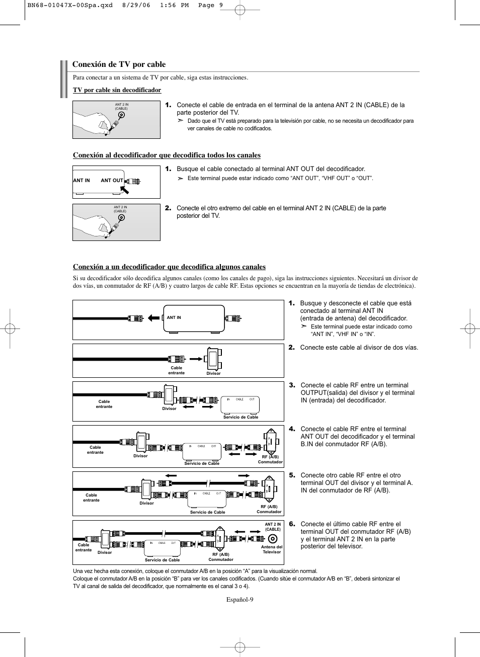Conexión de tv por cable | Samsung LNS5296DX-XAA User Manual | Page 263 / 380