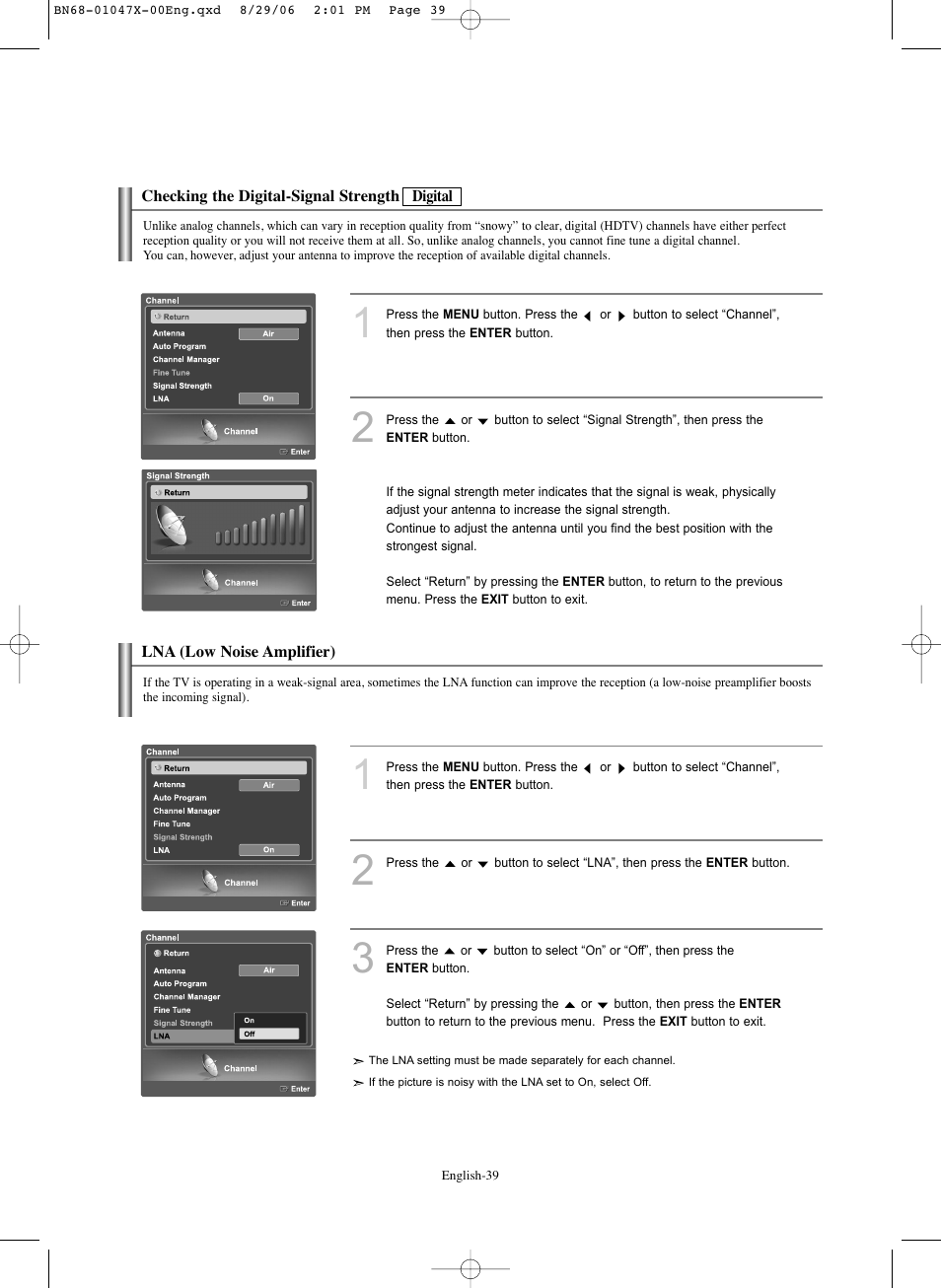 Checking the digital-signal strength, Lna (low noise amplifier) | Samsung LNS5296DX-XAA User Manual | Page 41 / 380