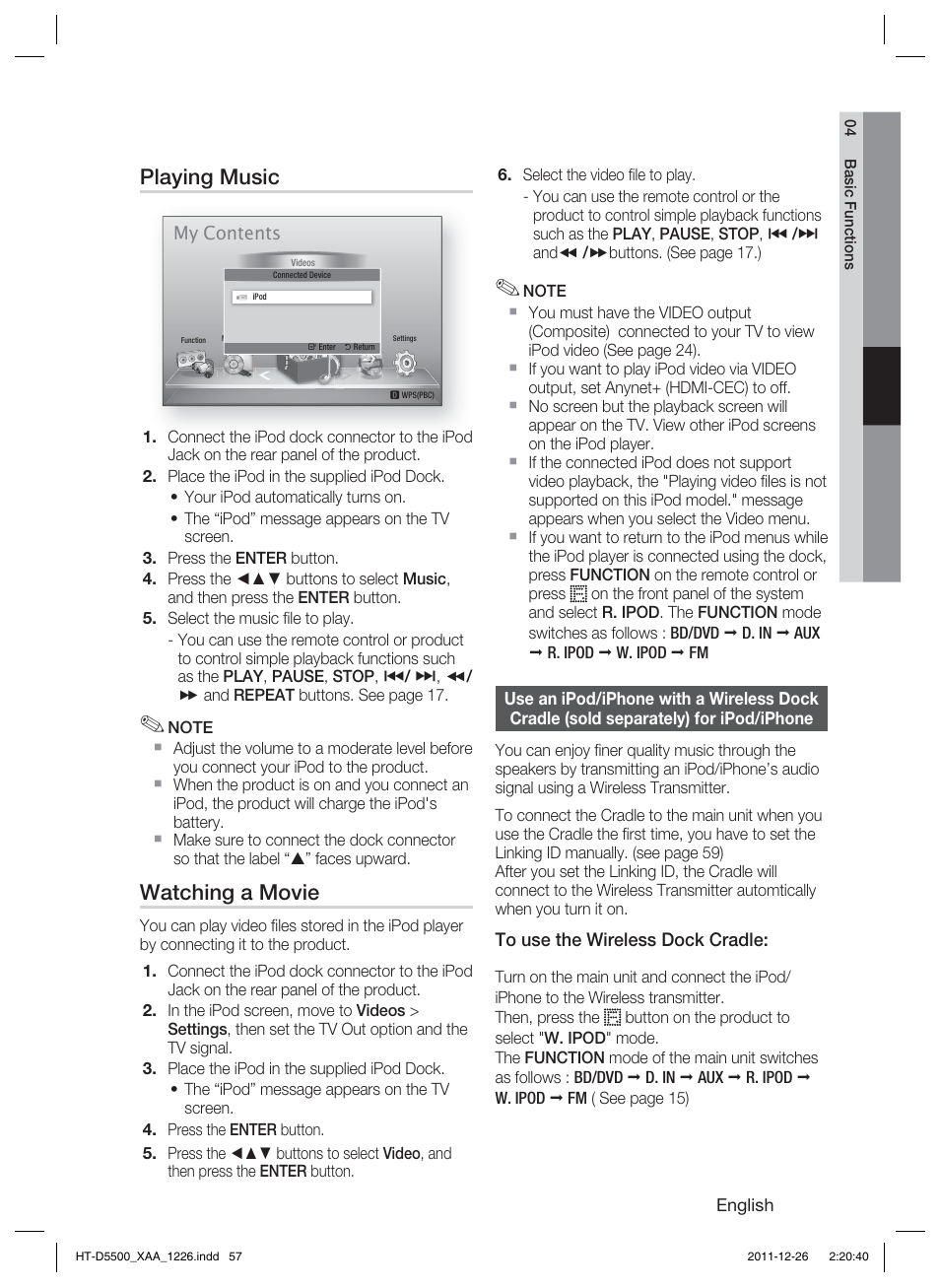 Playing music, Watching a movie | Samsung HT-D5500-ZA User Manual | Page 57 / 85