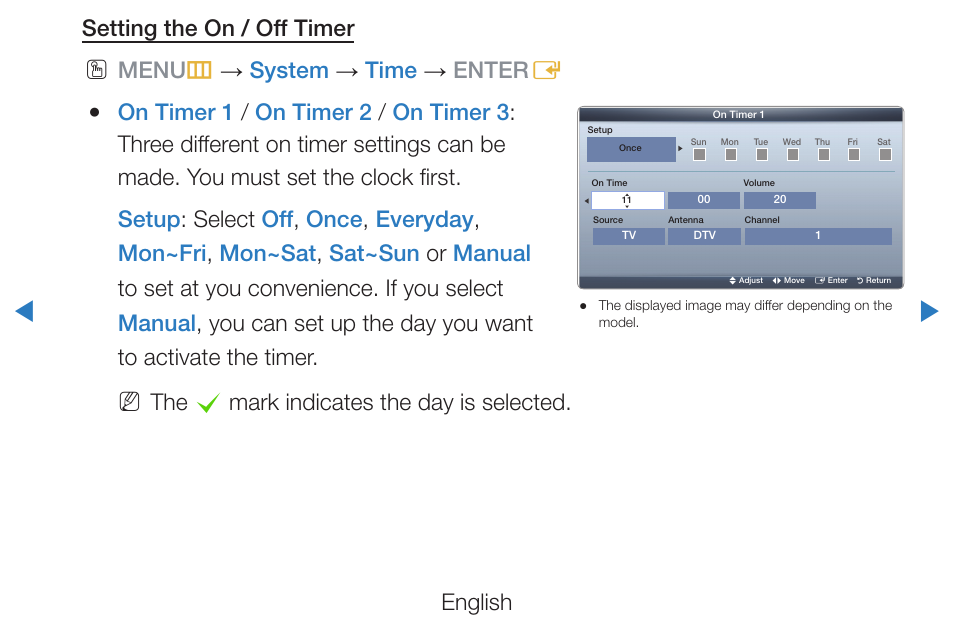 English setting the on / off timer, Menu m → system → time → enter e, The c mark indicates the day is selected | Samsung PN51D490A1DXZA User Manual | Page 115 / 223