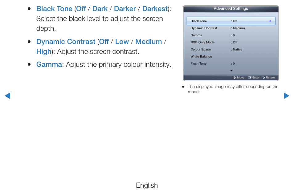 English, Gamma : adjust the primary colour intensity | Samsung PN51D490A1DXZA User Manual | Page 56 / 223