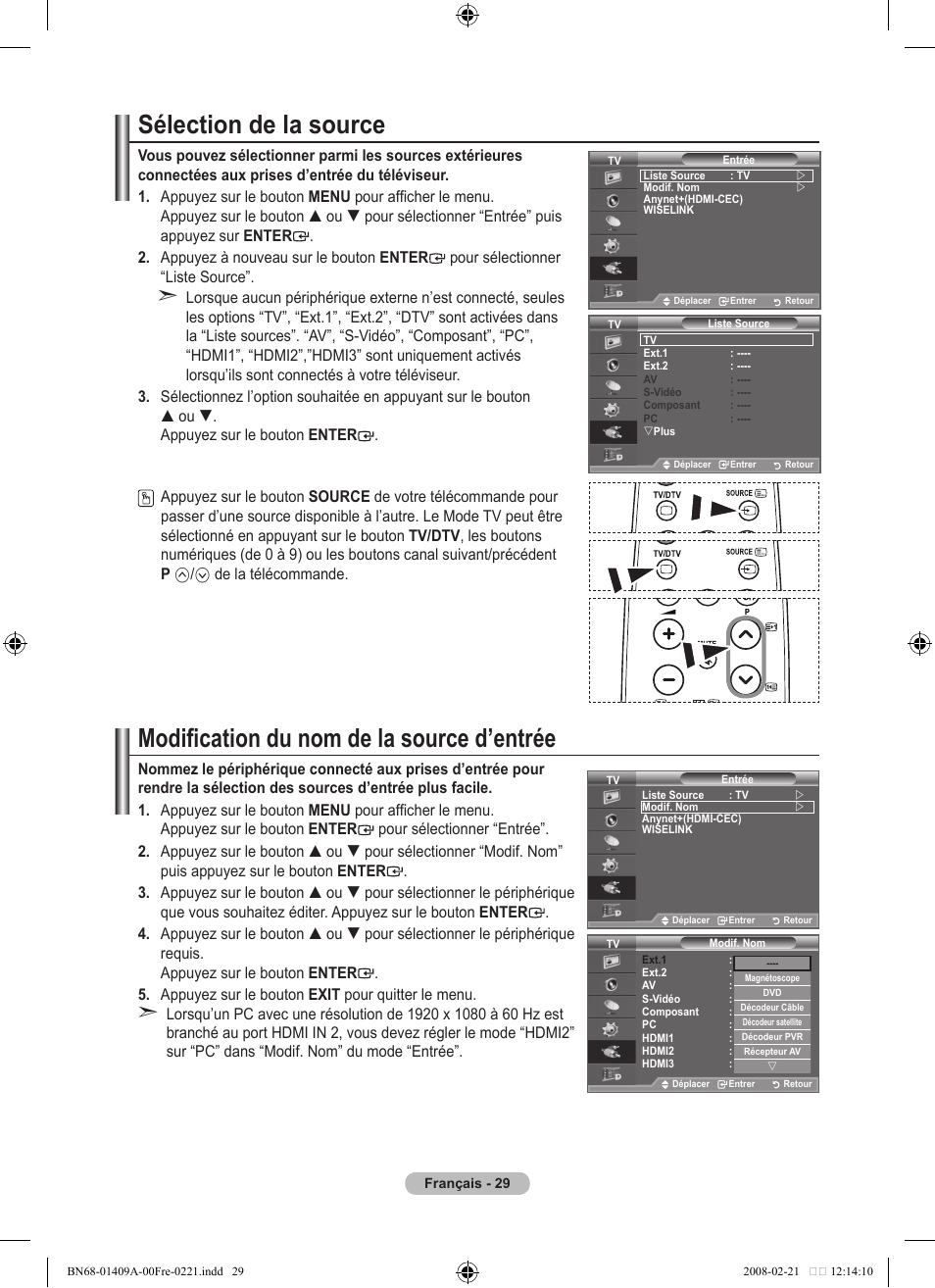 Sélection de la source, Modification du nom de la source d’entrée, De la télécommande | Samsung LE40A556P1F User Manual | Page 101 / 564