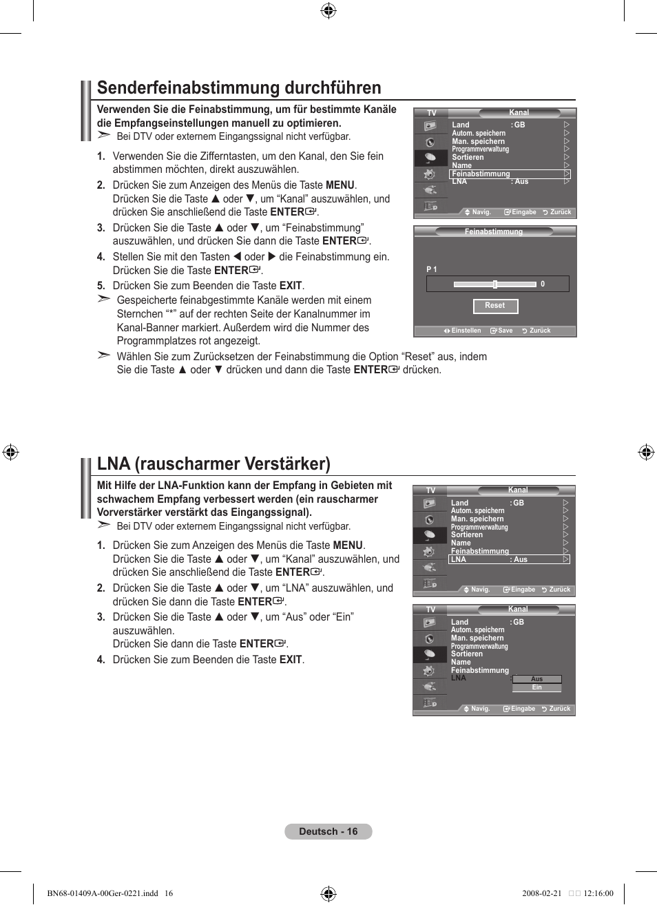 Senderfeinabstimmung durchführen, Lna (rauscharmer verstärker) | Samsung LE40A556P1F User Manual | Page 158 / 564