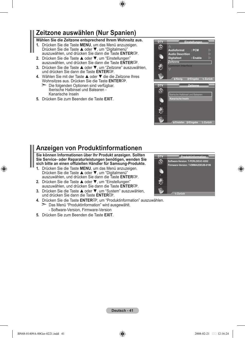 Zeitzone auswählen (nur spanien), Anzeigen von produktinformationen | Samsung LE40A556P1F User Manual | Page 183 / 564