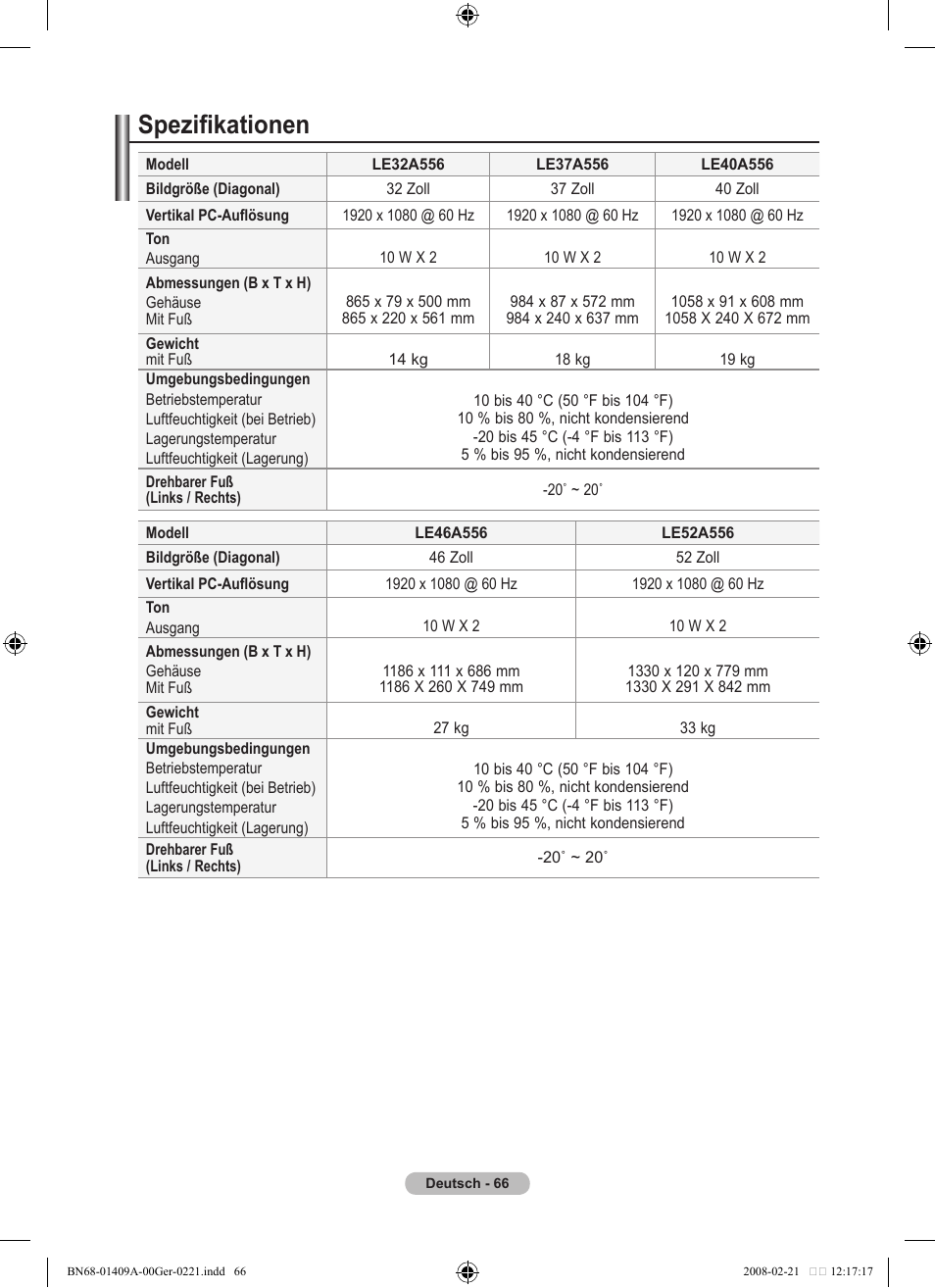 Spezifikationen | Samsung LE40A556P1F User Manual | Page 208 / 564