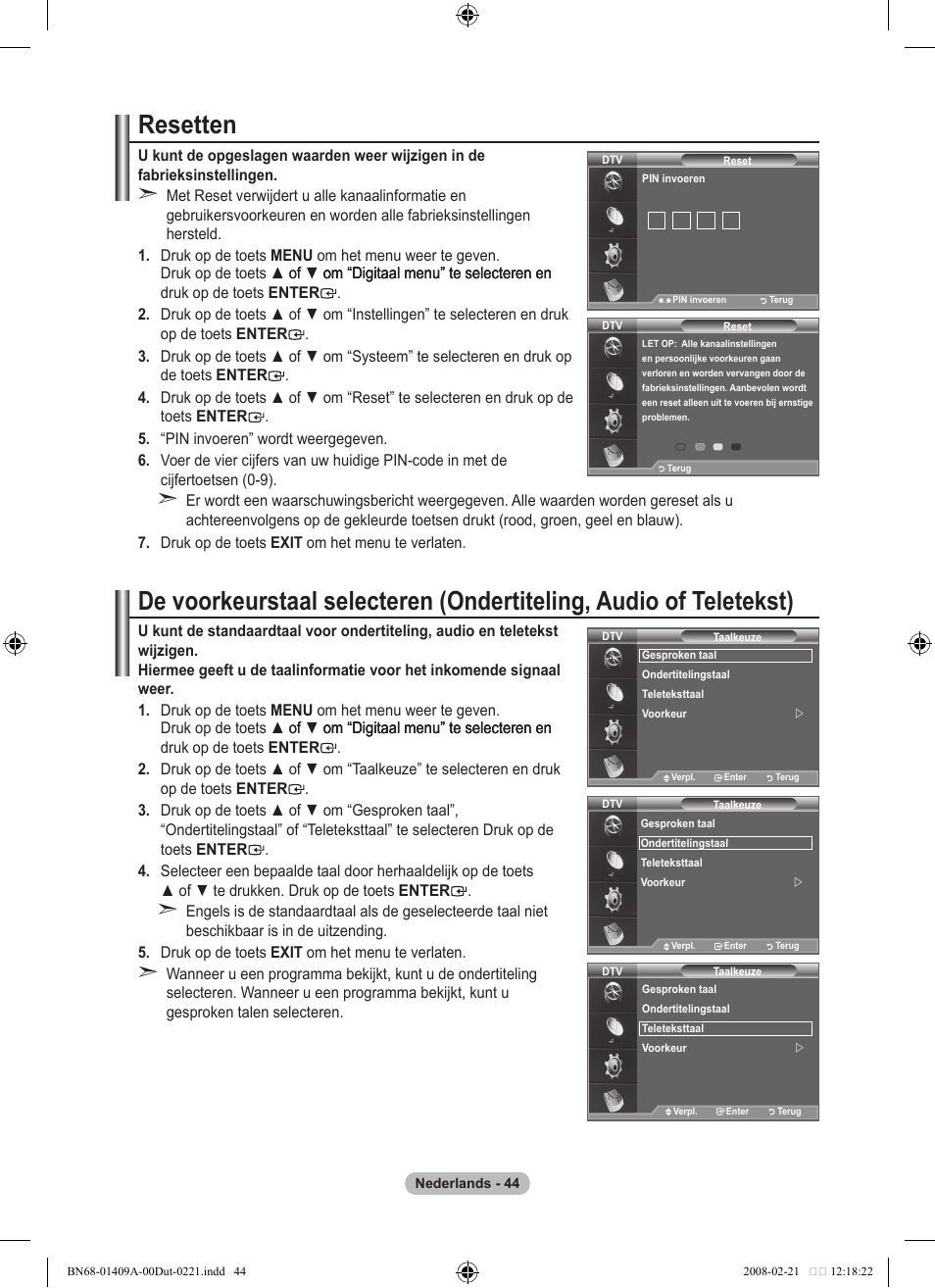 Resetten | Samsung LE40A556P1F User Manual | Page 256 / 564