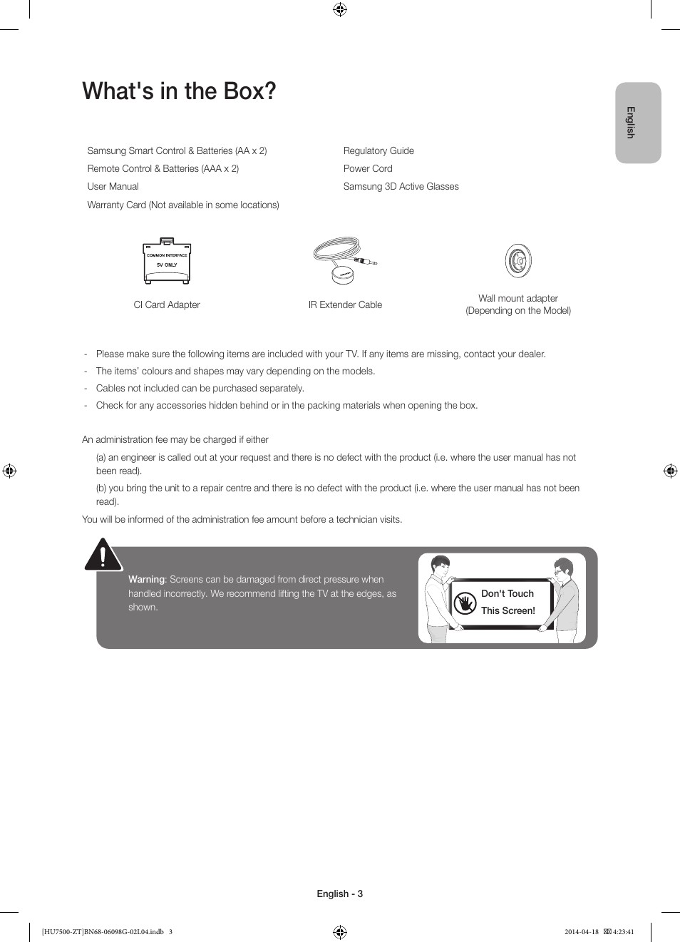 What's in the box | Samsung UE55HU7500Z User Manual | Page 3 / 73