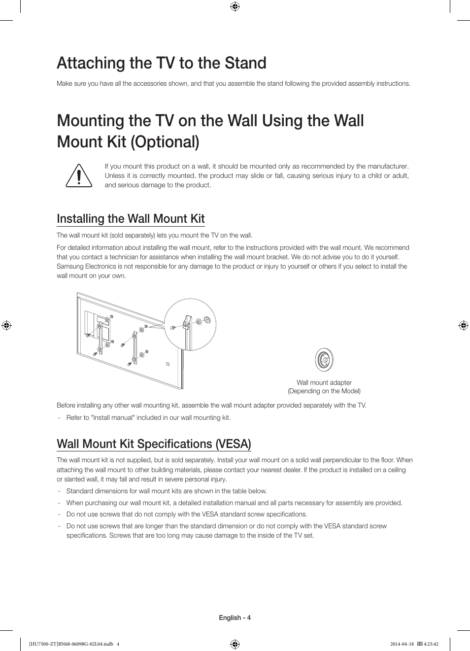 Attaching the tv to the stand, Installing the wall mount kit, Wall mount kit specifications (vesa) | Samsung UE55HU7500Z User Manual | Page 4 / 73